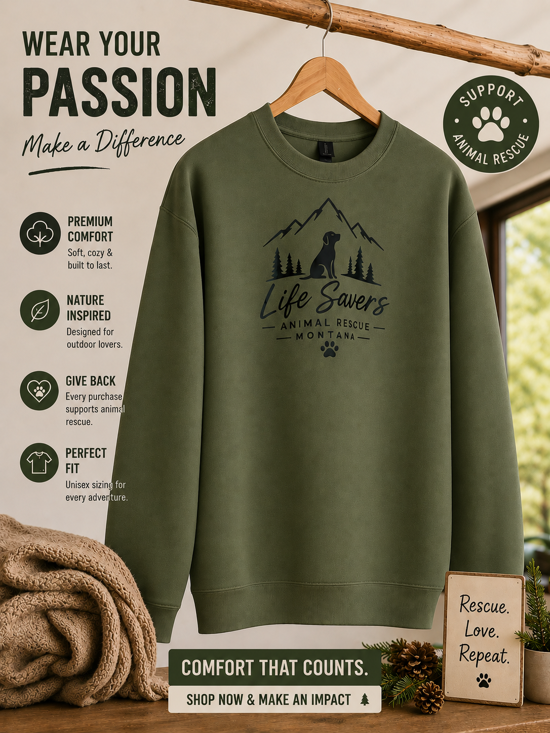 LSAR Logo Sweatshirt - olive green crewneck with Life Savers Animal Rescue Montana logo