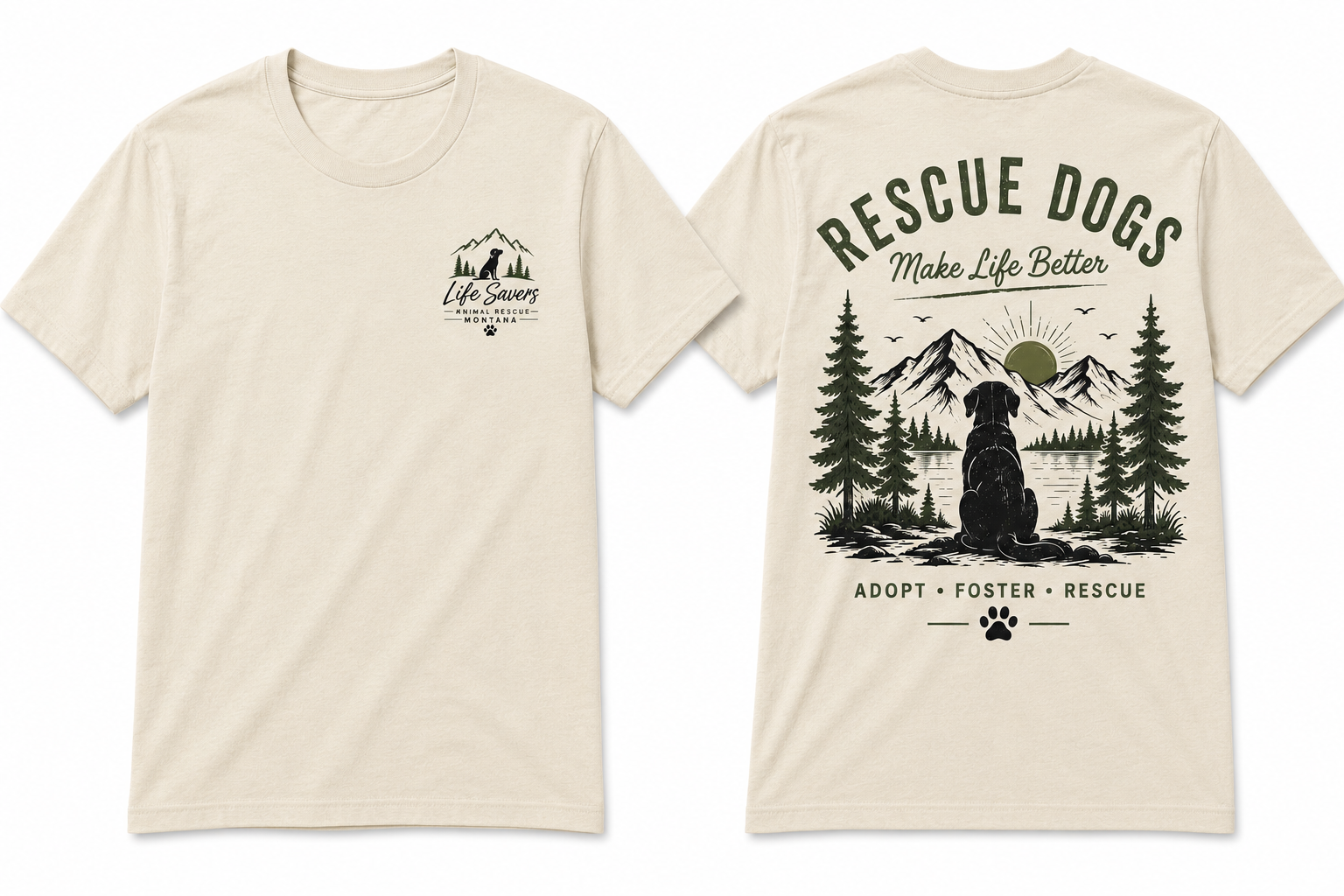 Rescue Dogs Make Life Better T-Shirt - cream natural with mountain graphic
