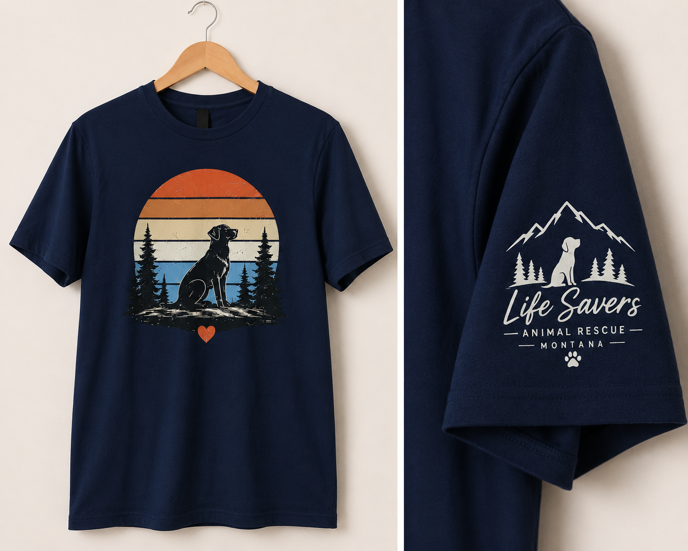 Life Savers Animal Rescue Navy T-Shirt - retro sunset dog design with LSAR Montana sleeve logo